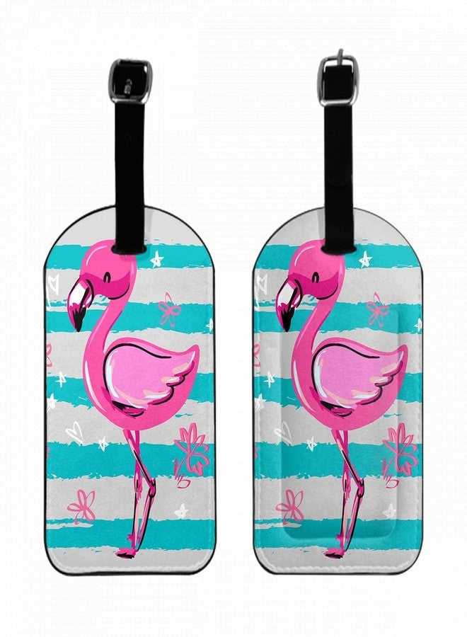 Zoczos Pink Flamingo Leather Luggage Bag Case Tags Hand Drawn Animal Blue Stripes Flower Stars Hearts Wildlife Baggage Suitcase Labels Name Tags Travel Accessories for Adult Women Men, 1 Pack - Image 1